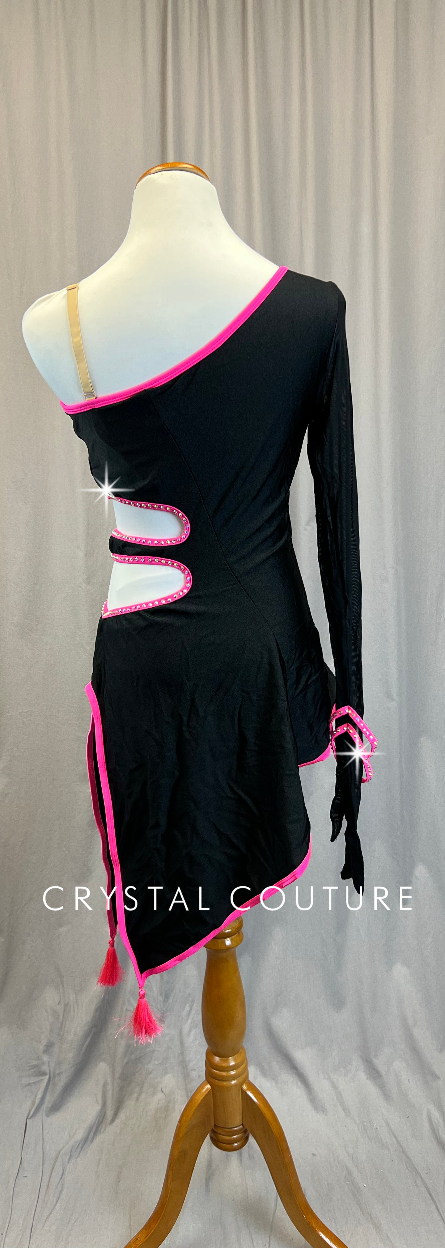Black Dress with Pink Accents and Mesh Sleeve/Glove - Rhinestones