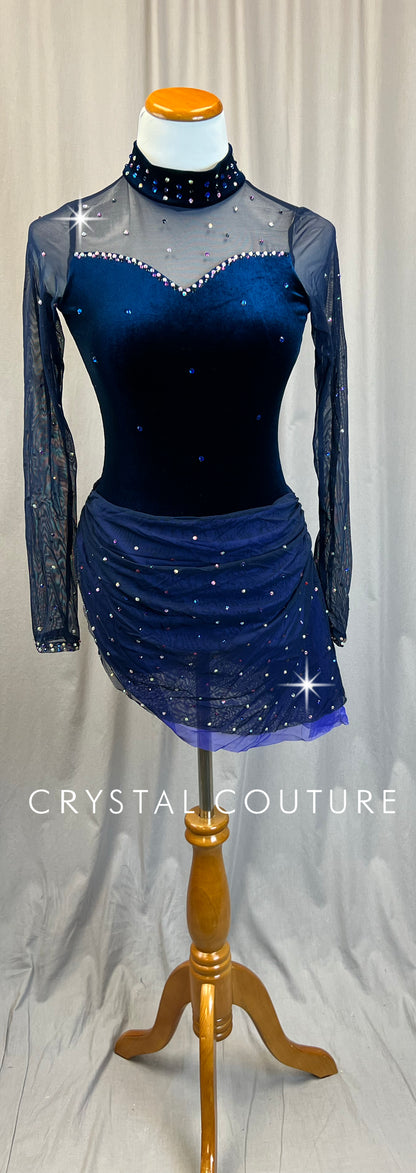 Navy Velvet and Mesh Long Sleeve Dress