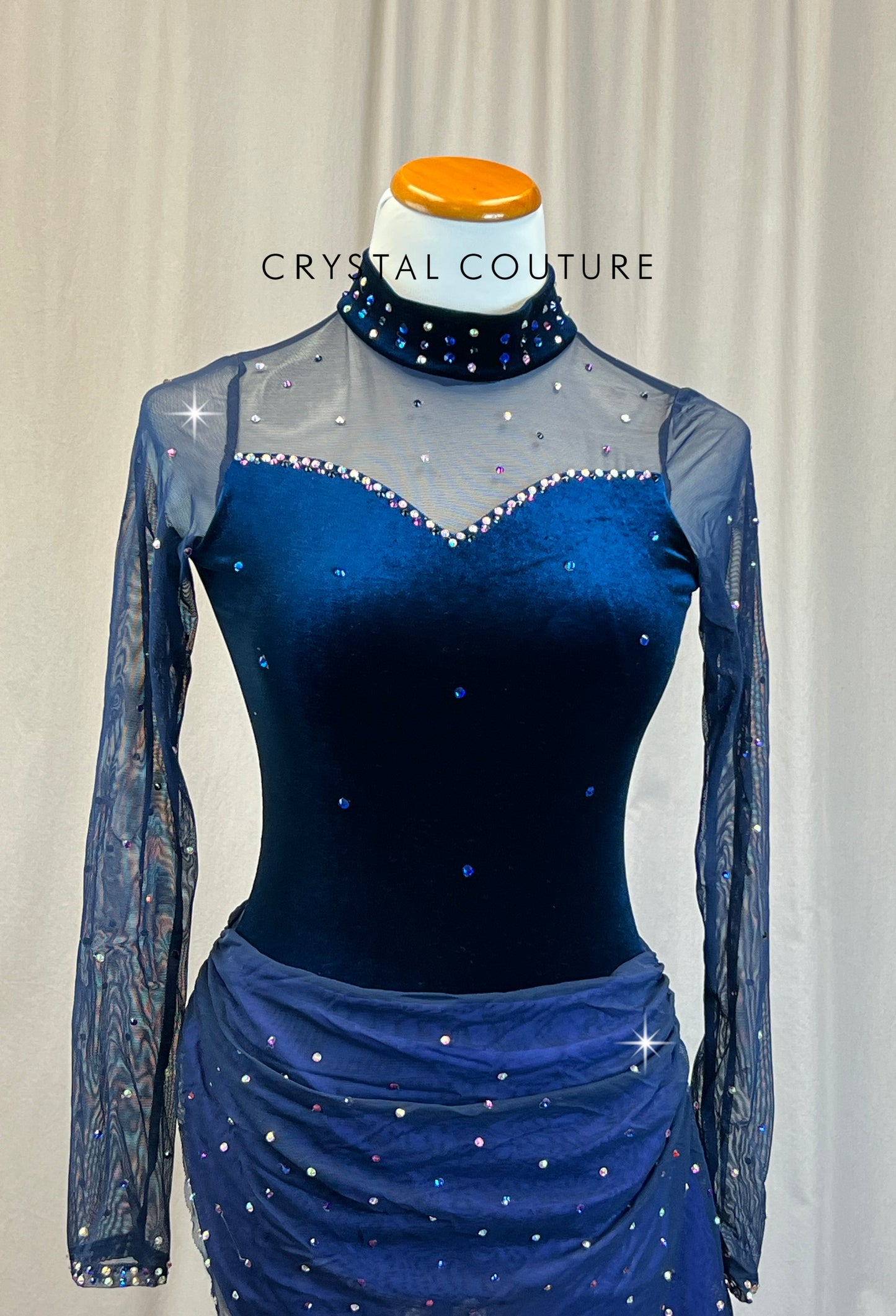Navy Velvet and Mesh Long Sleeve Dress - Rhinestones Crystal Couture Navy Velvet and Mesh Long Sleeve Dress - Rhinestones Crystal Couture