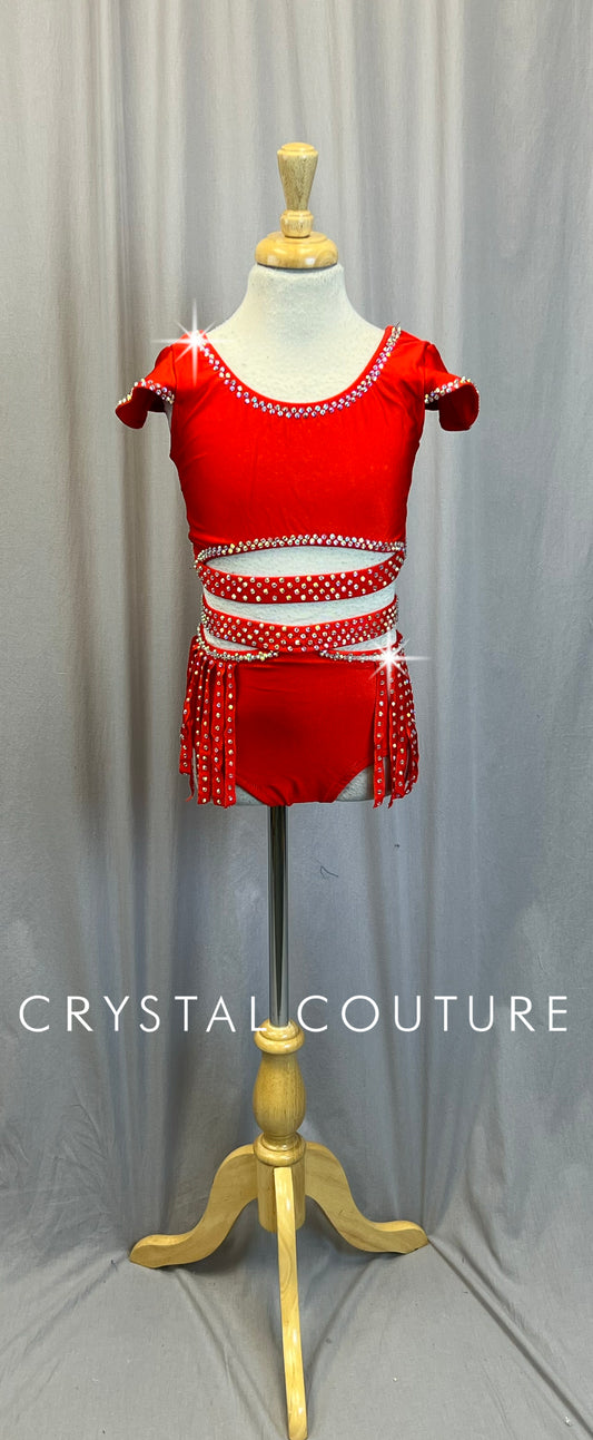 Custom Red Strappy Fringe Two-Piece Set - Rhinestones