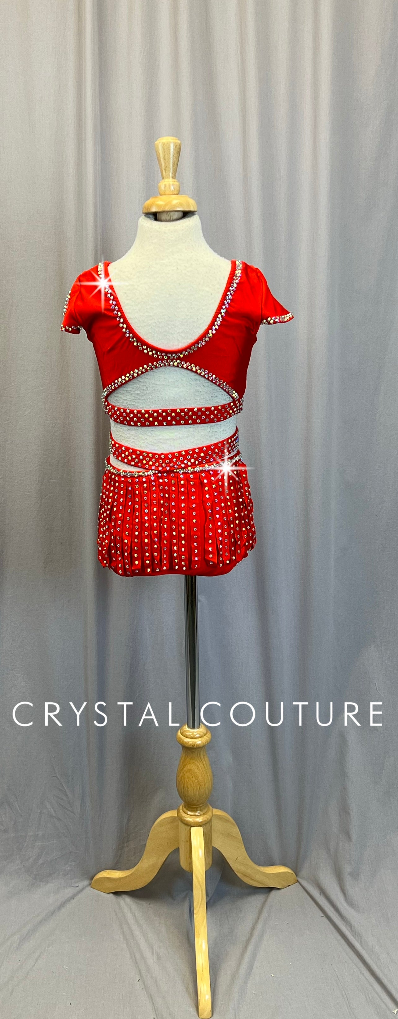 Custom Red Strappy Fringe Two-Piece Set - Rhinestones