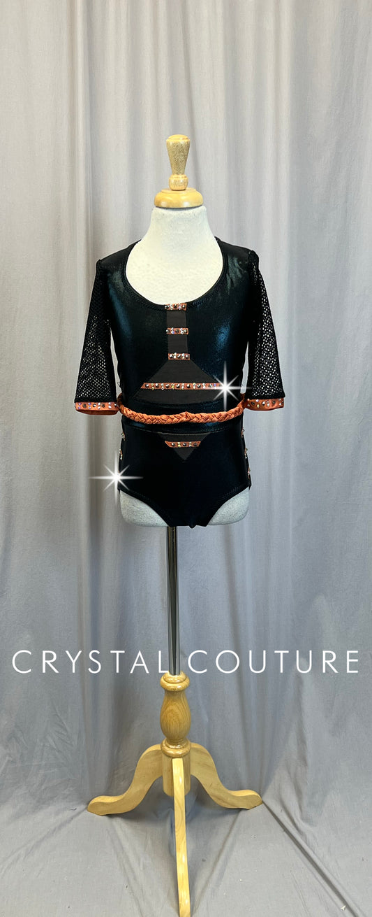 Custom Black and Orange Fishnet Metallic Leotard - Rhinestones