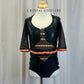 Custom Black and Orange Fishnet Metallic Leotard - Rhinestones