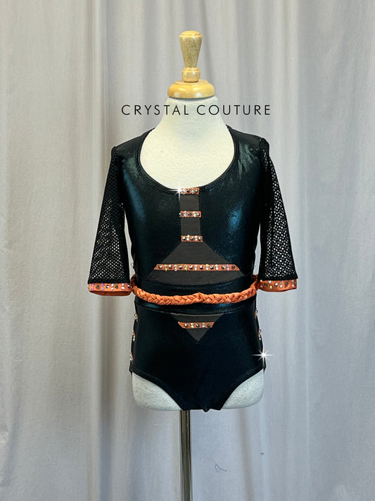 Custom Black and Orange Fishnet Metallic Leotard - Rhinestones