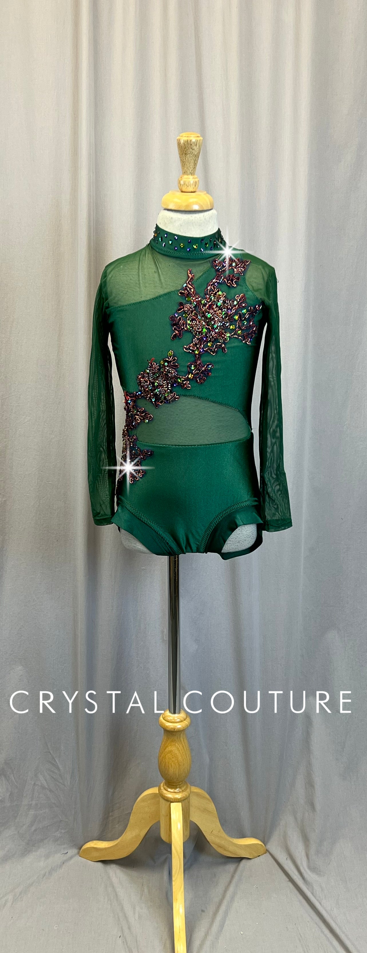 Custom Green Mesh and Lycra Long Sleeve Leotard - Appliques - Rhinestones