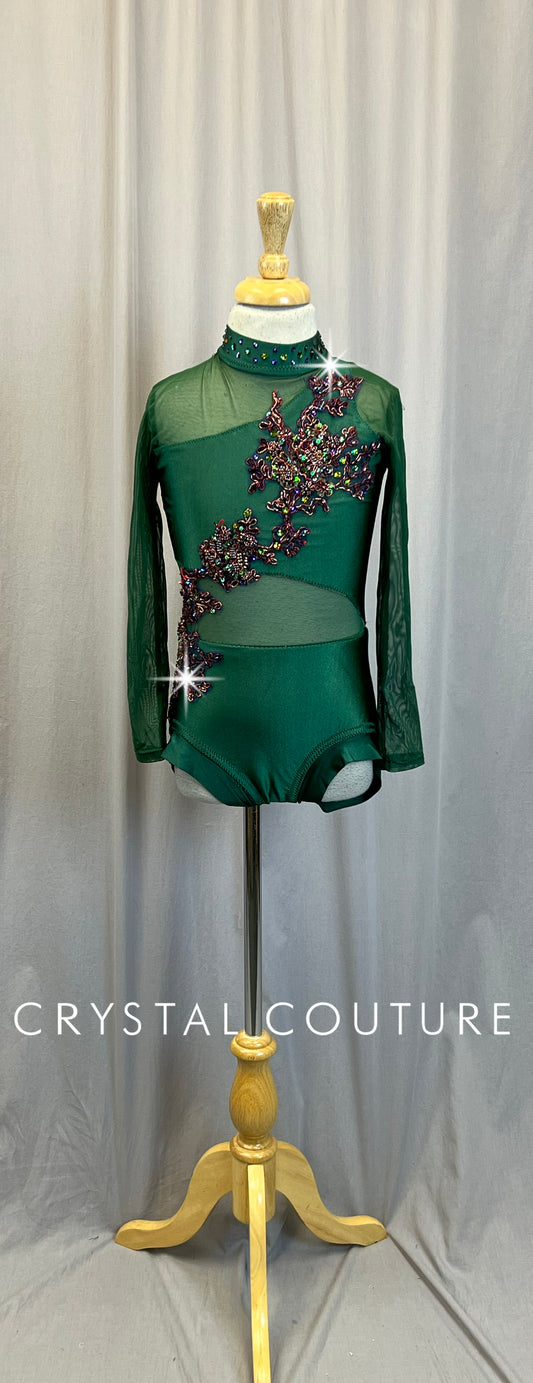 Custom Green Mesh and Lycra Long Sleeve Leotard - Appliques - Rhinestones