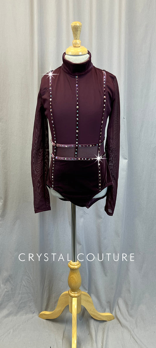 Plum Velvet and Mesh Long Sleeve Leotard - Rhinestones