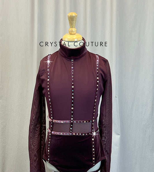 Plum Velvet and Mesh Long Sleeve Leotard - Rhinestones