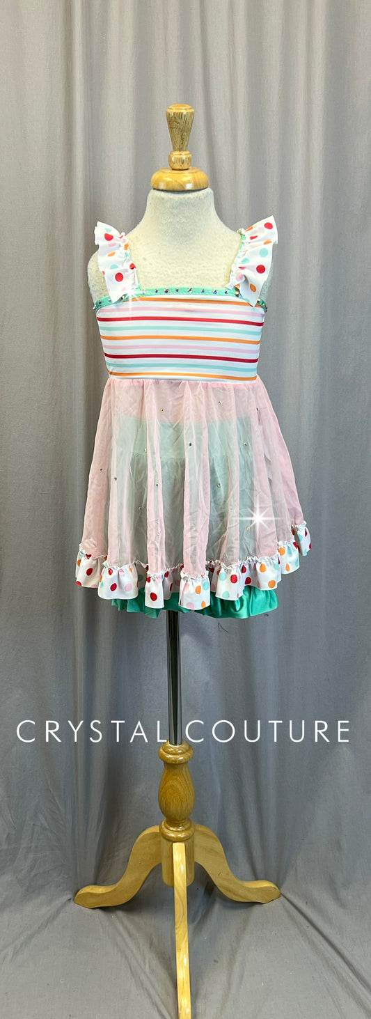 Custom Pastel and Mint Polka Dot and Stripe Dress and Shorts Set - Rhinestones