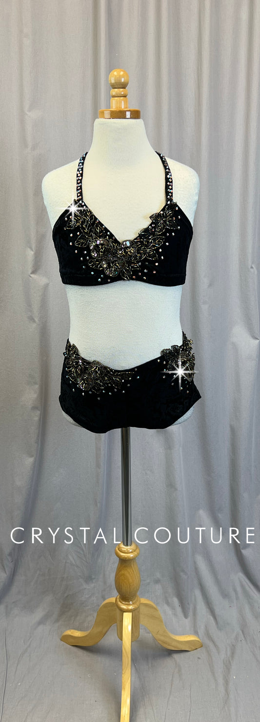 Custom Black Bra Top and Shorts Set with Bronze and Purple Appliques - Rhinestones