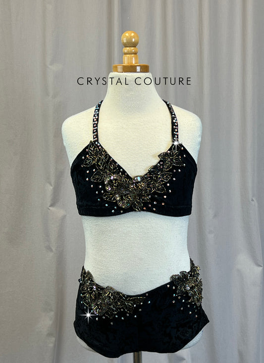 Custom Black Bra Top and Shorts Set with Bronze and Purple Appliques - Rhinestones