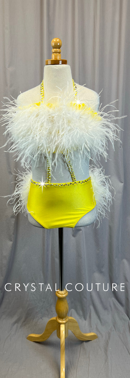 *Brand New* Custom Yellow Lycra Strappy Two-Piece with White Feather Bustle - Rhinestones
