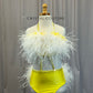 *Brand New* Custom Yellow Lycra Strappy Two-Piece with White Feather Bustle - Rhinestones