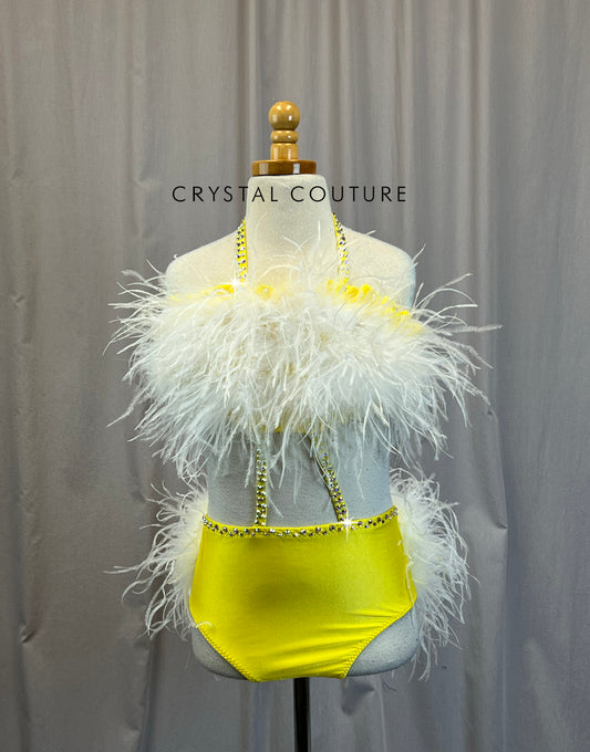 *Brand New* Custom Yellow Lycra Strappy Two-Piece with White Feather Bustle - Rhinestones