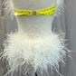 *Brand New* Custom Yellow Lycra Strappy Two-Piece with White Feather Bustle - Rhinestones