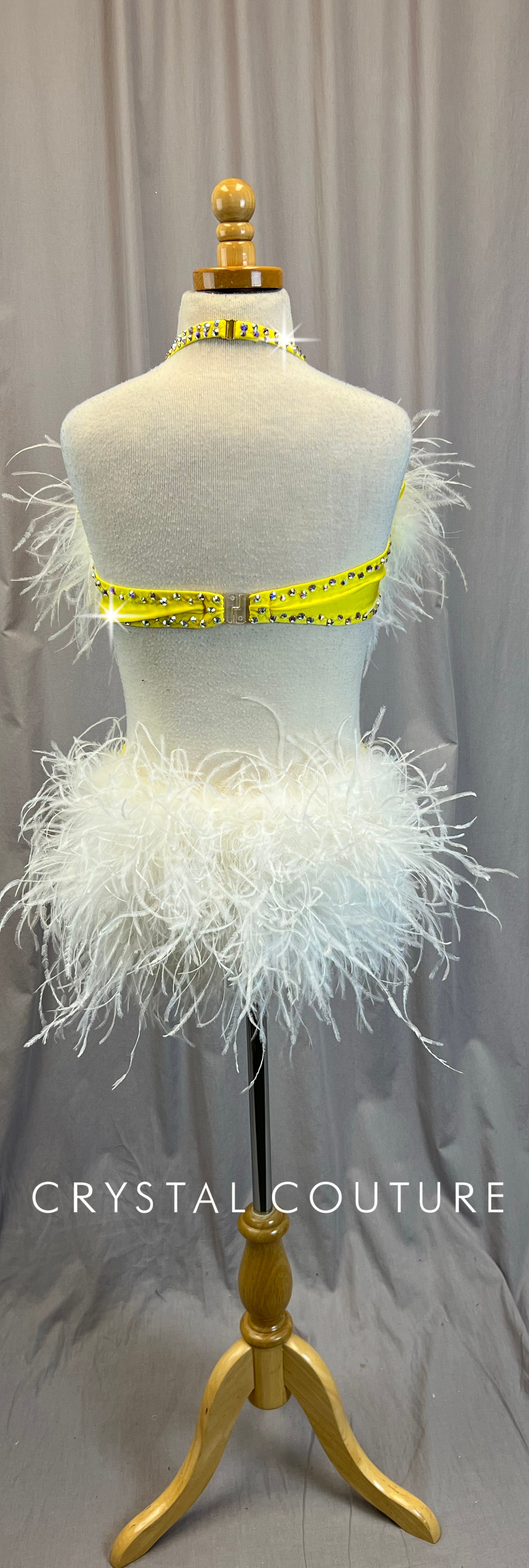 *Brand New* Custom Yellow Lycra Strappy Two-Piece with White Feather Bustle - Rhinestones
