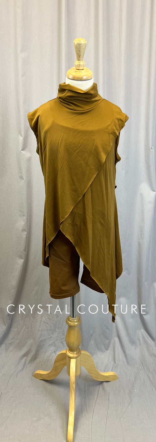 Tan/Sepia asymmetrical Tunic and Bike Short Three-Piece Set