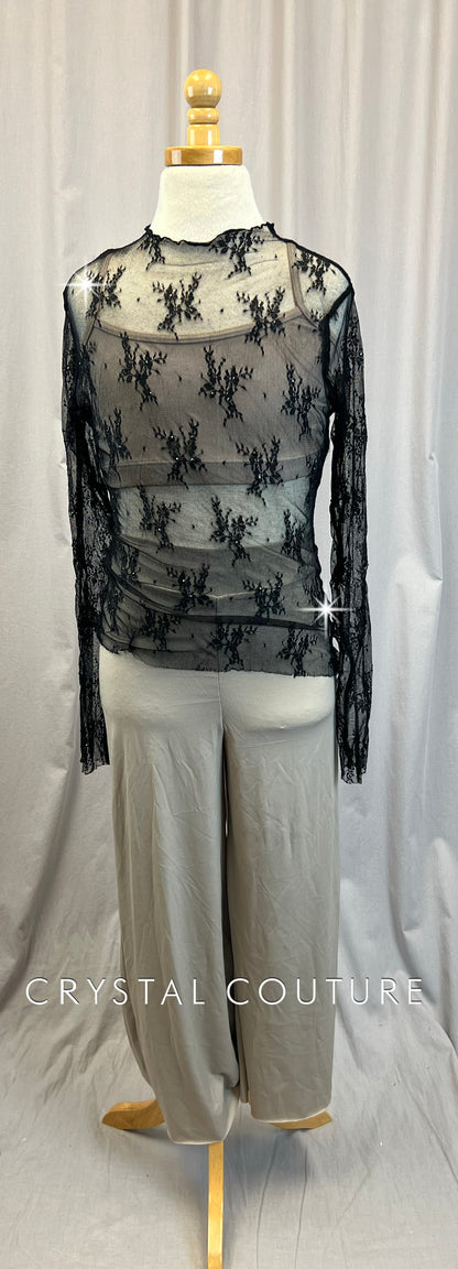 Black Mesh Lace Long Sleeve with Beige Pants and Bra Top Set- Rhinestones