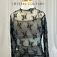 Black Mesh Lace Long Sleeve with Beige Pants and Bra Top Set- Rhinestones
