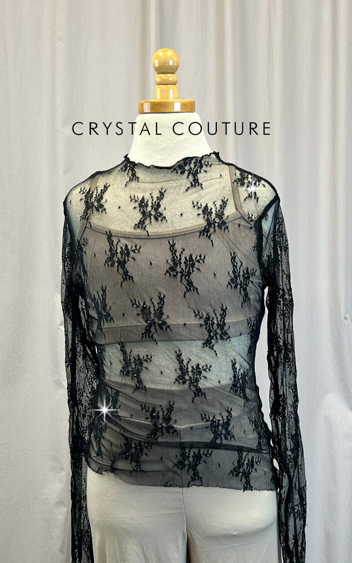 Black Mesh Lace Long Sleeve with Beige Pants and Bra Top Set- Rhinestones