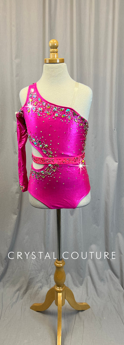 Hot Pink One Sleeve asymmetrical Cut-Out Leotard - Rhinestones