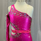 Hot Pink One Sleeve asymmetrical Cut-Out Leotard - Rhinestones