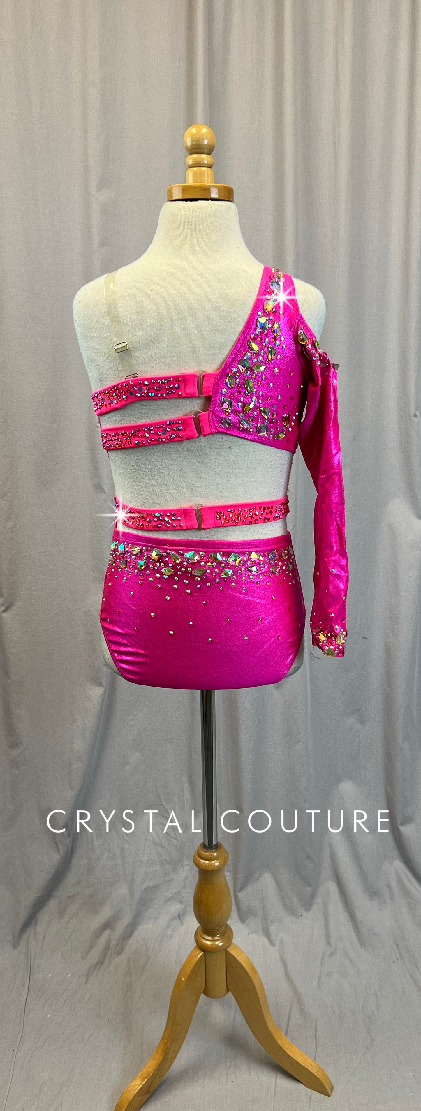 Hot Pink One Sleeve asymmetrical Cut-Out Leotard - Rhinestones