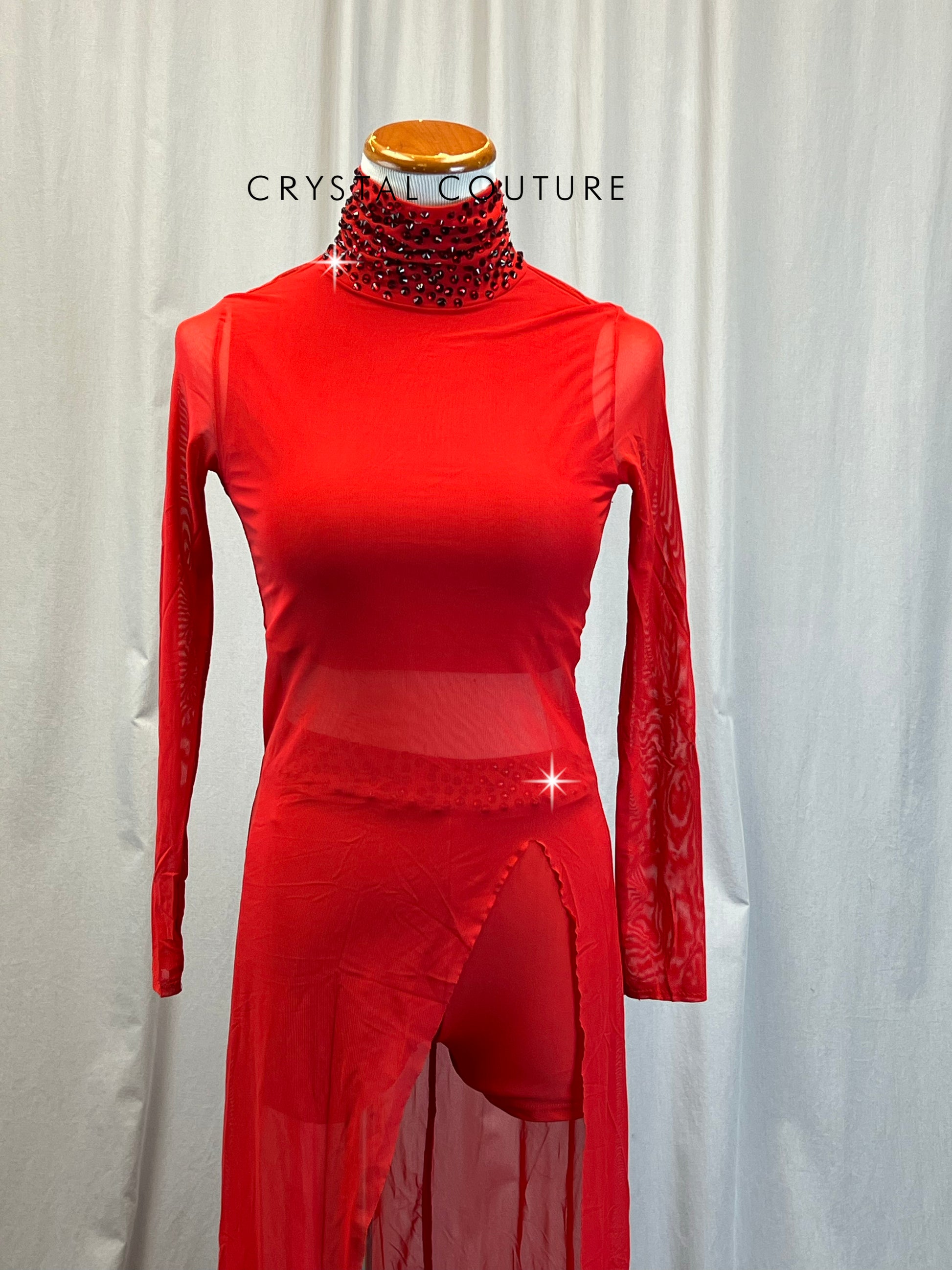 Red Mesh Long Sleeve Dress with Lycra built in top and separate shorts
