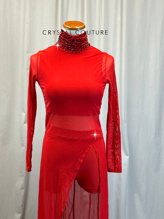 Red Mesh Long Sleeve Dress with Lycra built in top and separate shorts.
