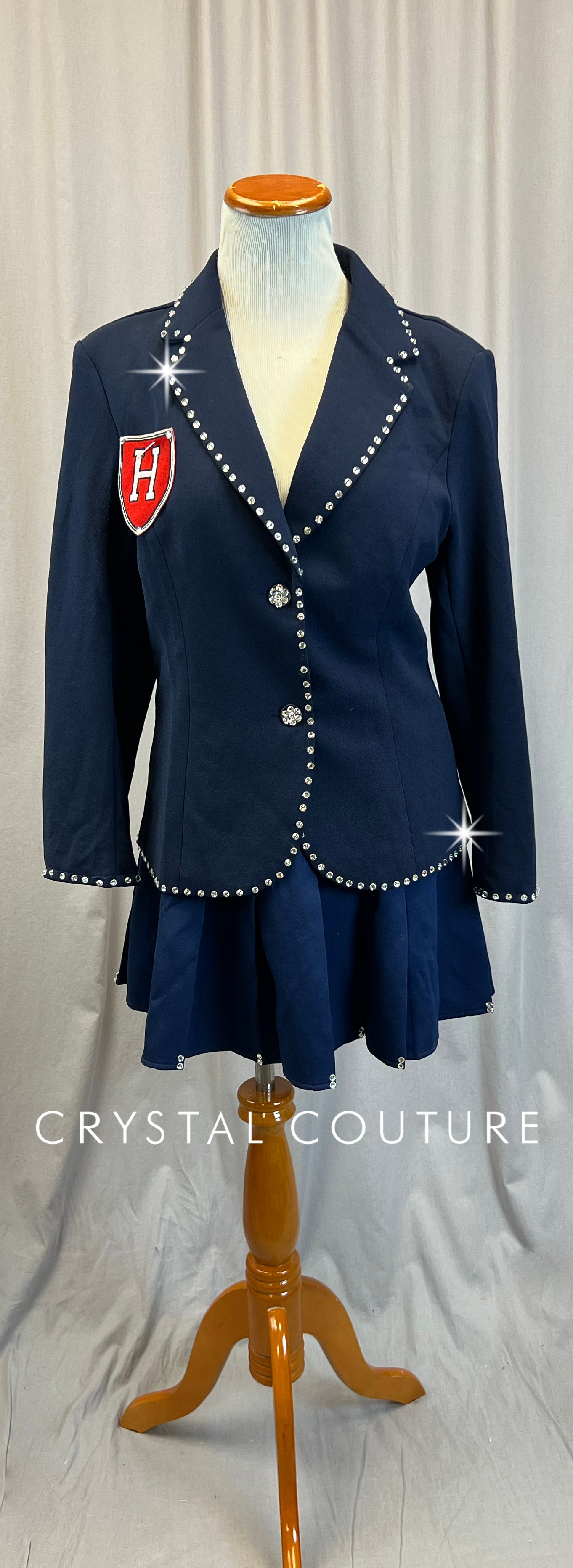 Navy School Uniform Inspired Blazer and Skirt Set - Rhinestones