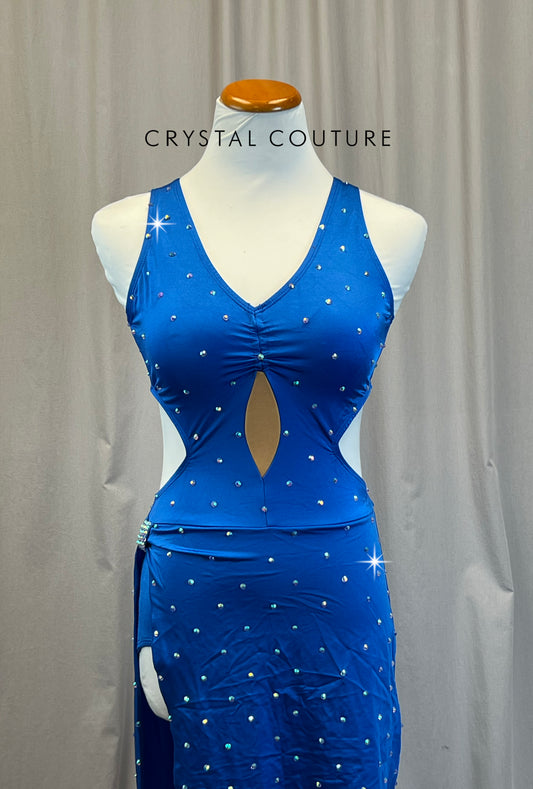 Royal Blue Fitted Asymmetrical Dress with High Slit- Rhinestones