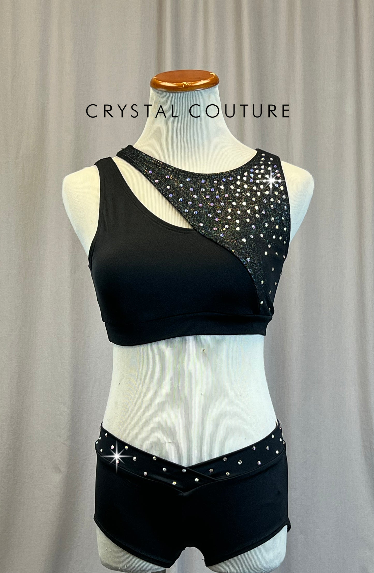 *Brand New* Black Holographic Bra Top and Brief Set - Rhinestones