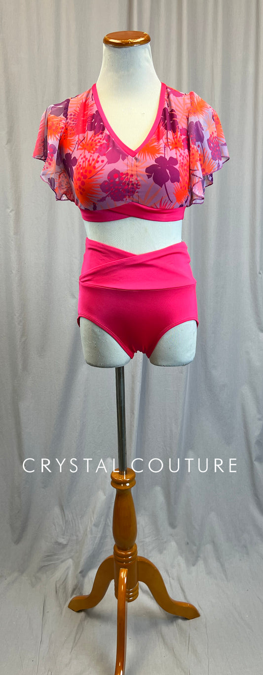 *Brand New*Hot Pink Patterned Mesh Sleeve Crop Top and Brief Set *New*