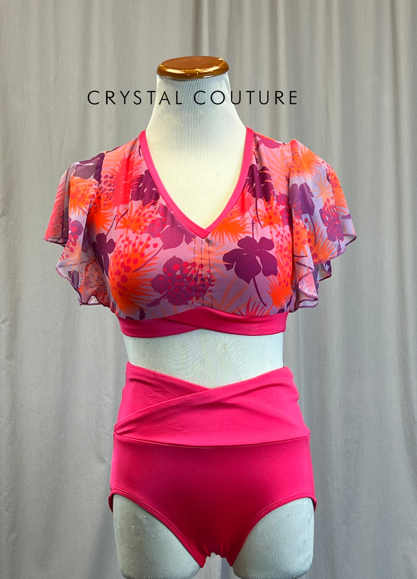 *Brand New*Hot Pink Patterned Mesh Sleeve Crop Top and Brief Set *New*