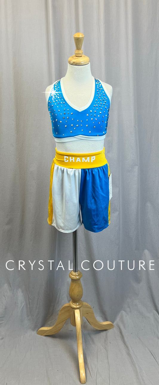 *Brand New* Blue, White and Yellow Boxer Shorts and Bra Top - Rhinestones