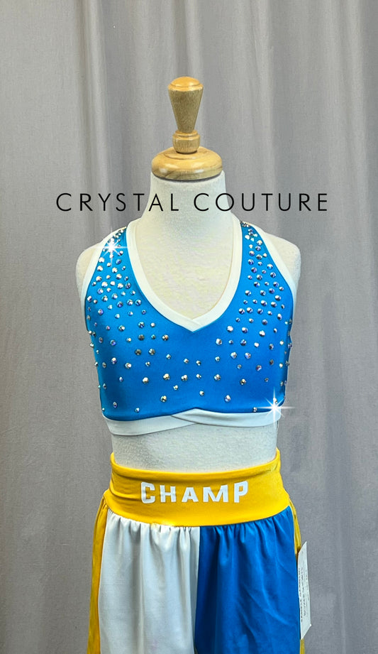 *Brand New* Blue, White and Yellow Boxer Shorts and Bra Top - Rhinestones