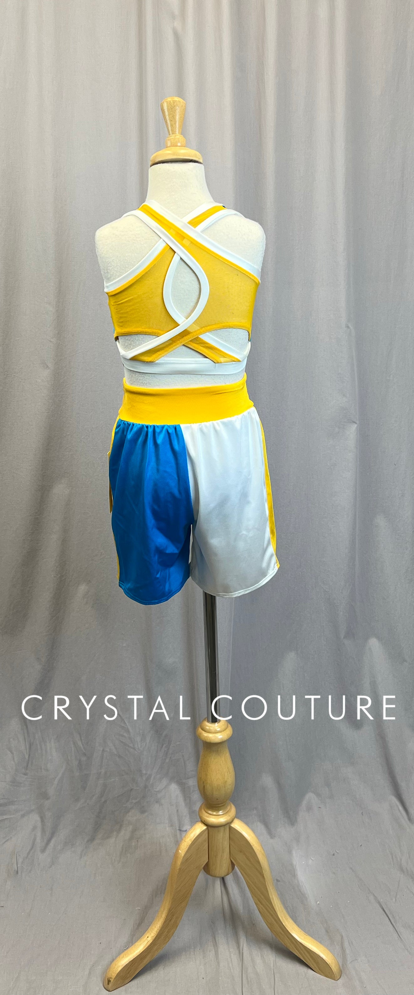 *Brand New* Blue, White and Yellow Boxer Shorts and Bra Top - Rhinestones