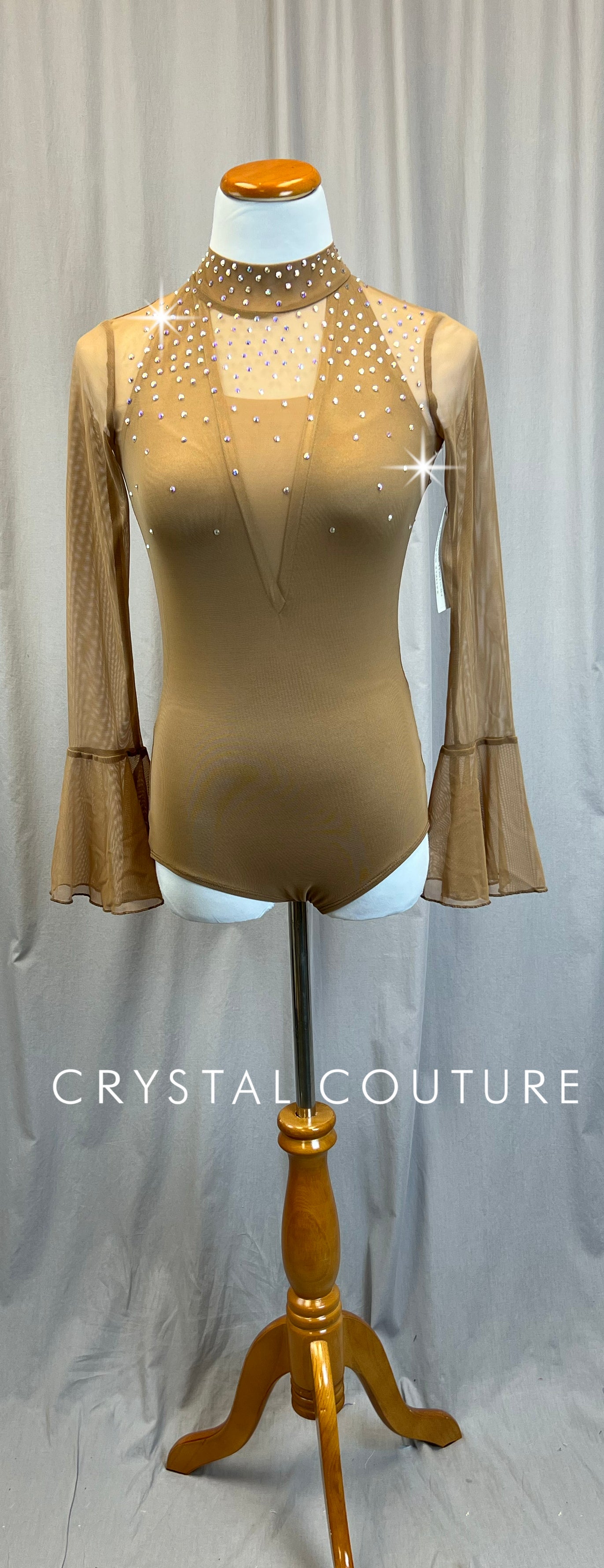 *Brand New* Tan Mesh Bell Sleeve Leotard - Rhinestones