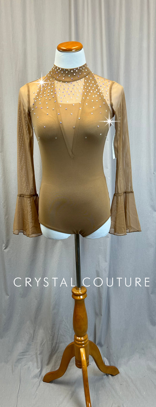 *Brand New* Tan Mesh Bell Sleeve Leotard - Rhinestones