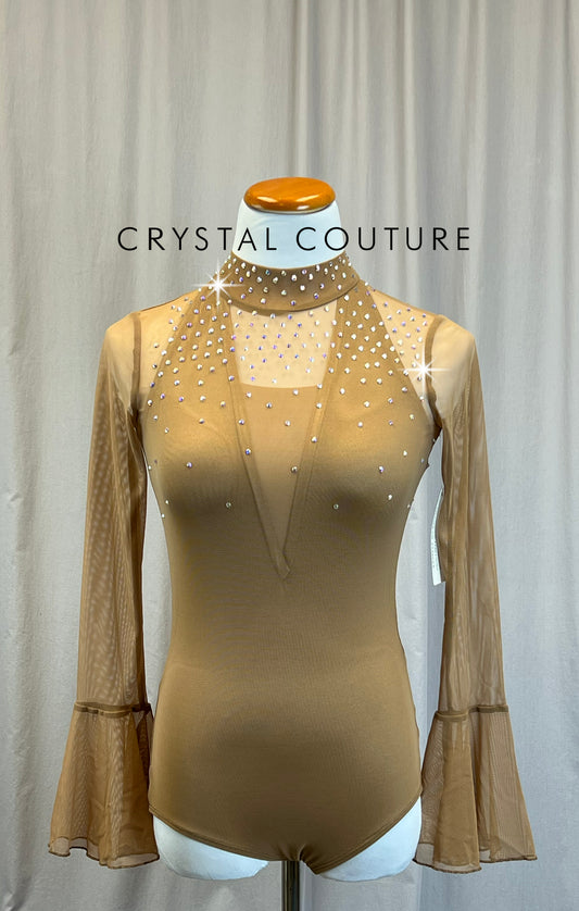 *Brand New* Tan Mesh Bell Sleeve Leotard - Rhinestones