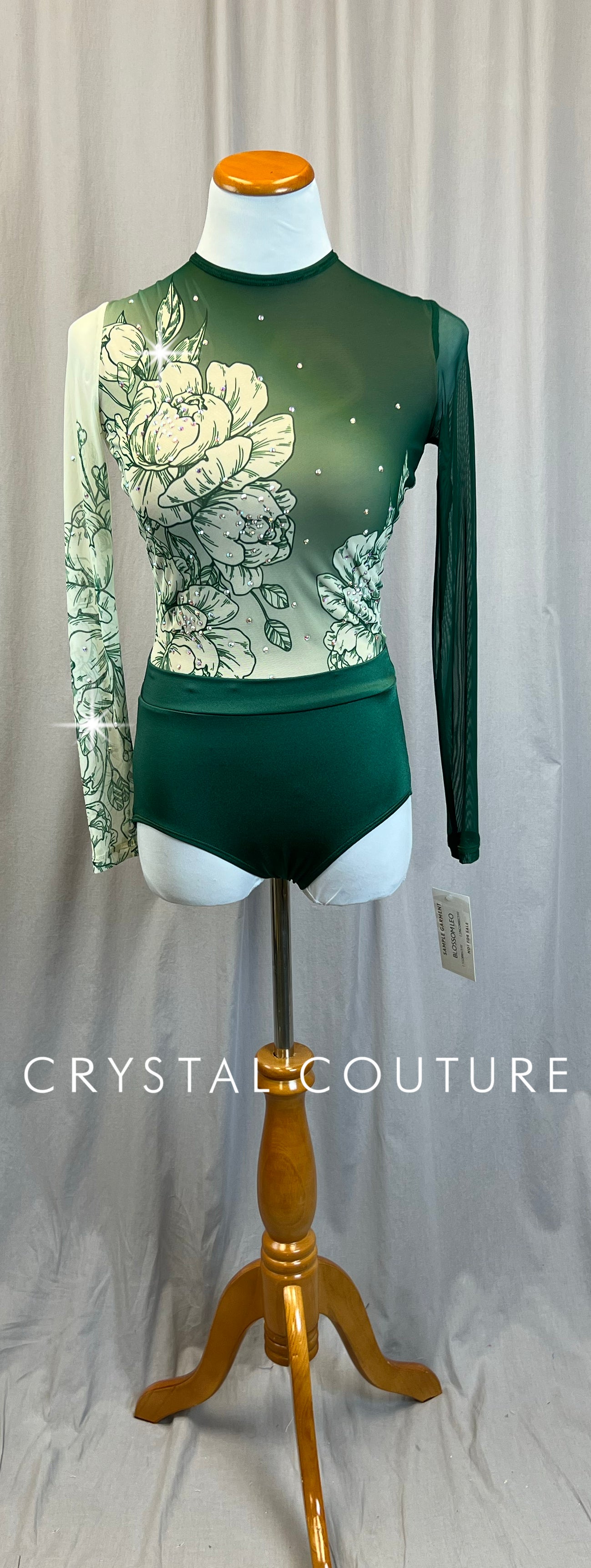 *Brand New* Green and Cream Mesh Floral Long Sleeve Leotard - Rhinestones
