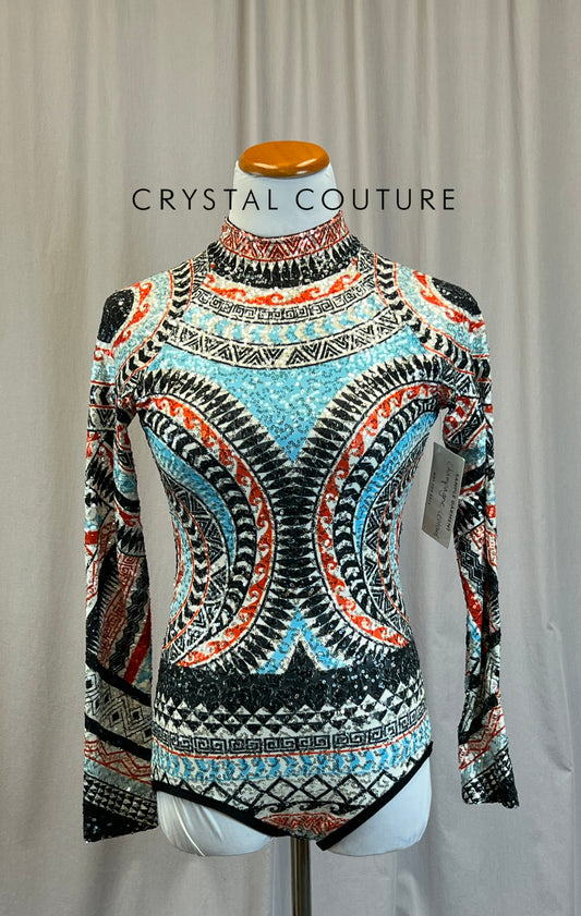 *Brand New* Orange, Blue, White and Black Sequin Long Sleeve Leotard