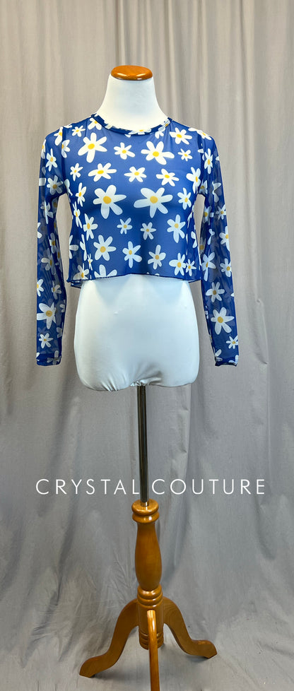 *Brand New* Blue and White Daisy Mesh Long Sleeve Top