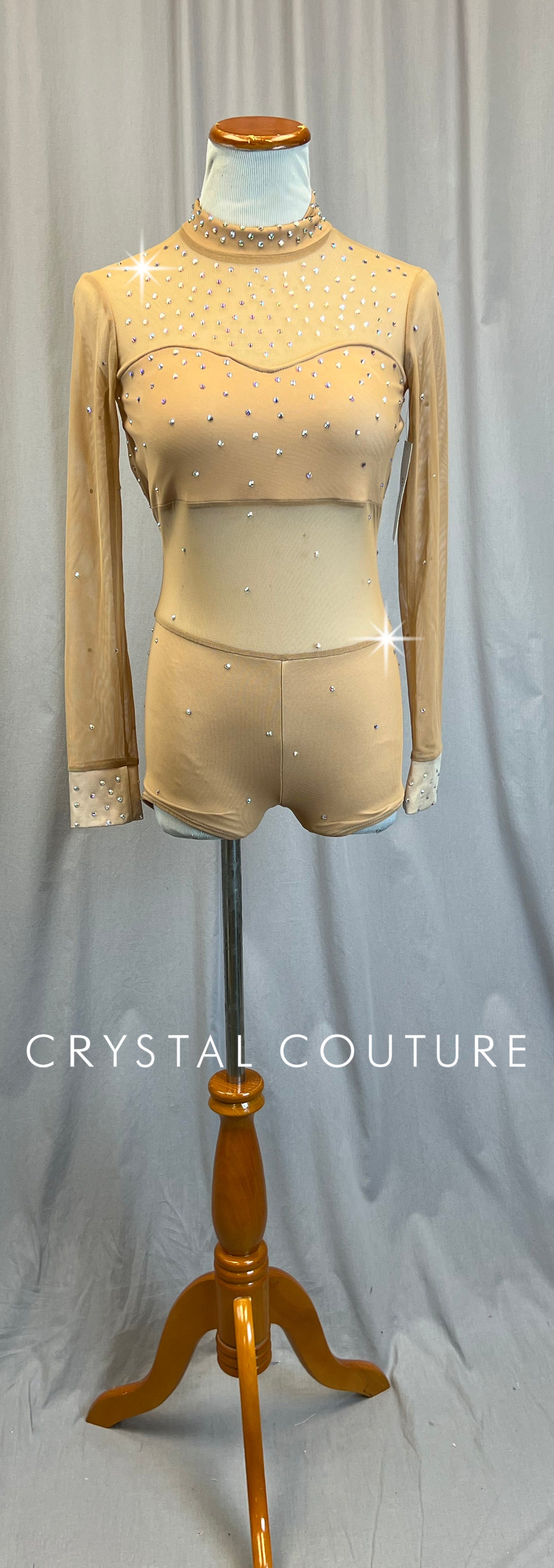 *Brand New* Tan Mesh and Lycra Long Sleeve Biketard - Rhinestones