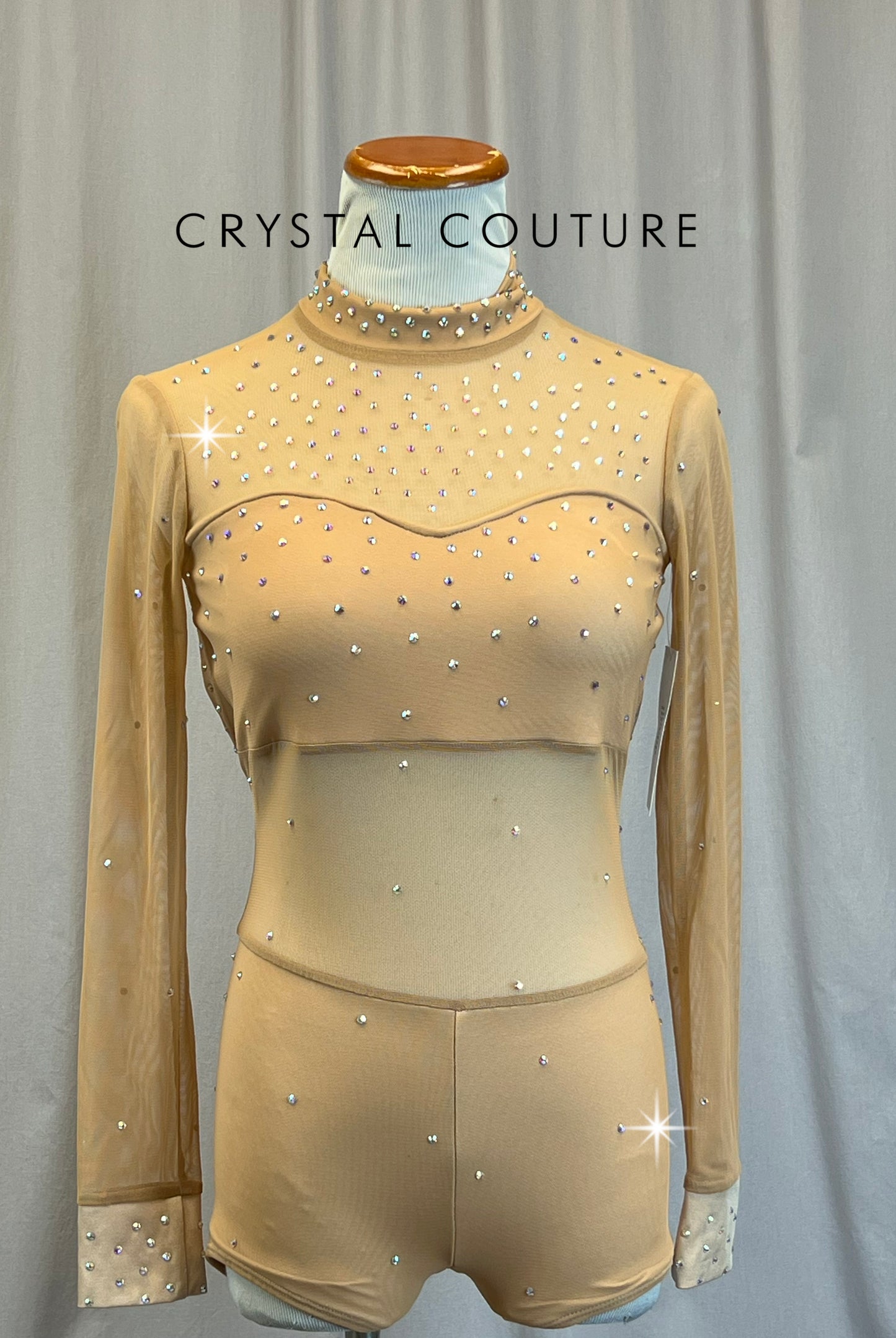 *Brand New* Tan Mesh and Lycra Long Sleeve Biketard - Rhinestones