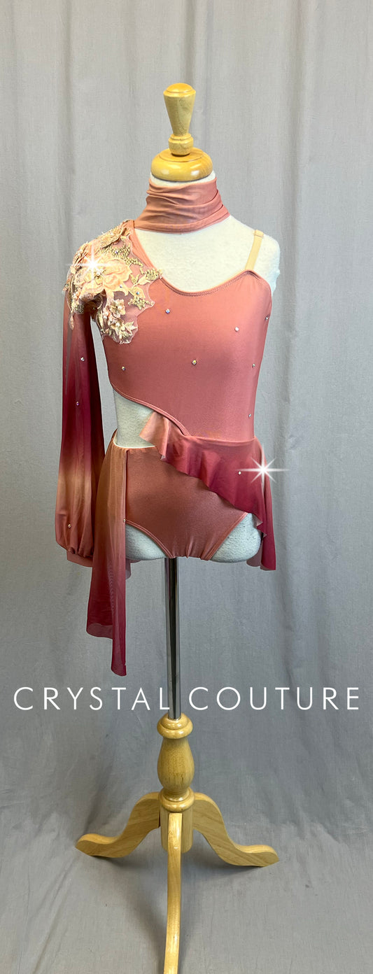 Peach and Berry Pink Ombre One Sleeve Leotard with Attached Skirt - Rhinestones