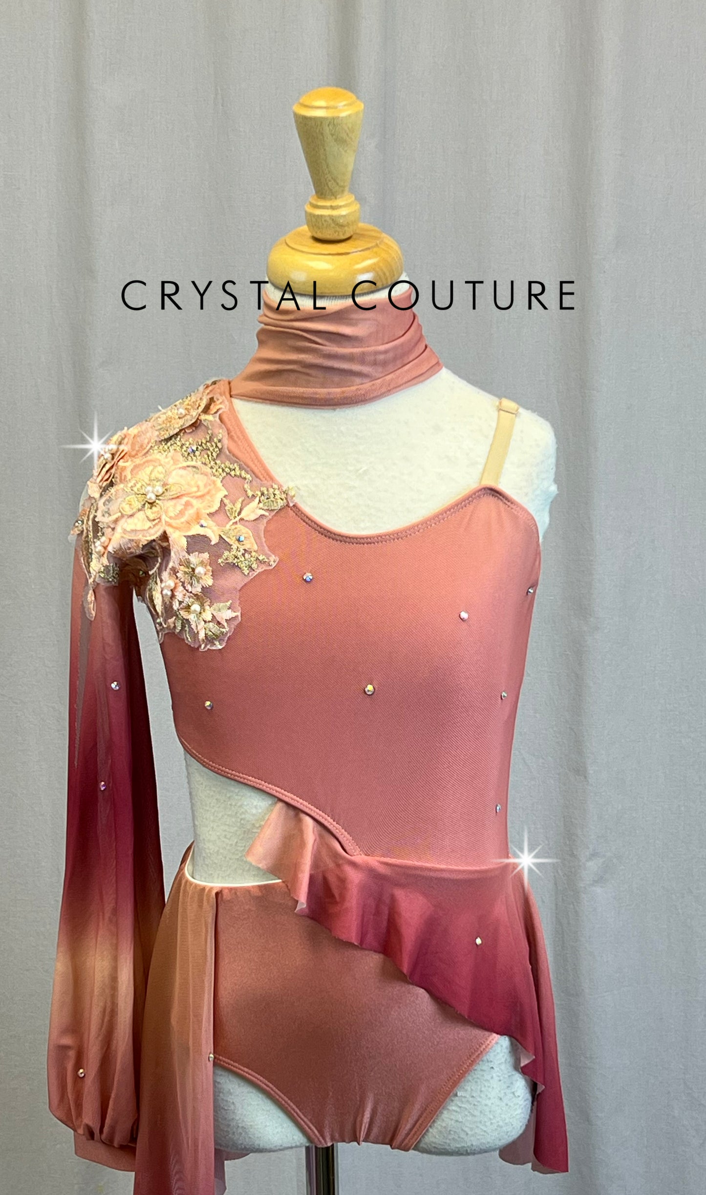 Peach and Berry Pink Ombre One Sleeve Leotard with Attached Skirt - Rhinestones