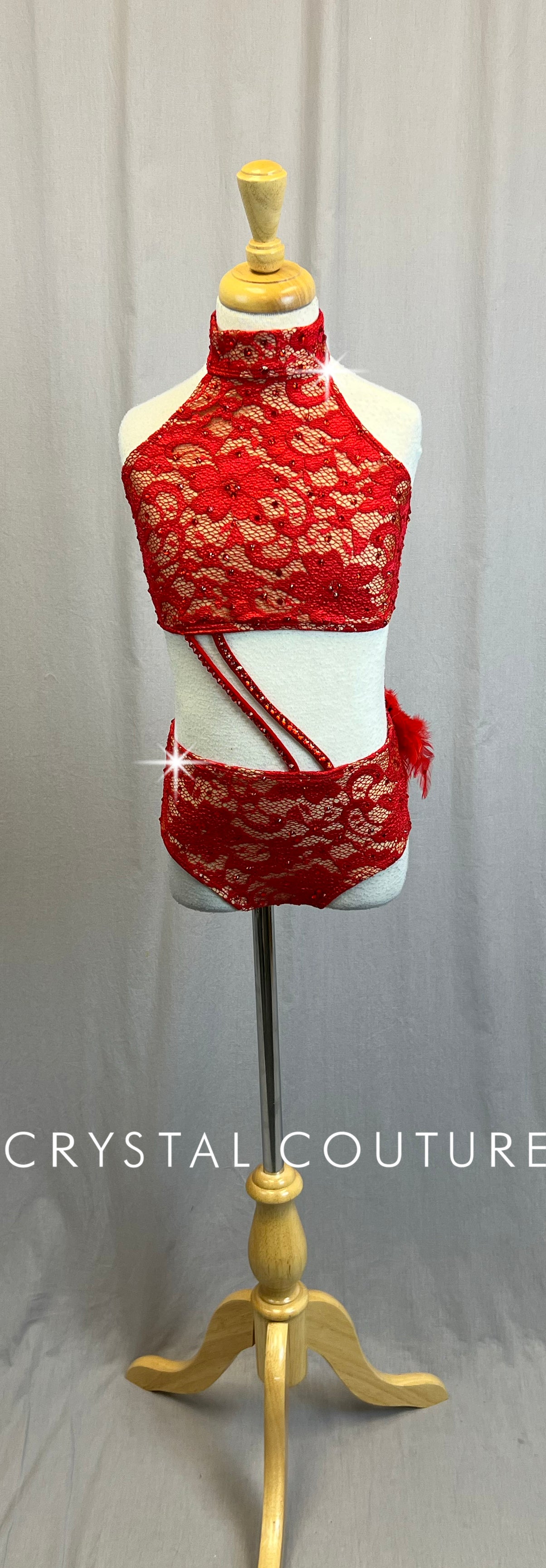 Red Lace Halter Neck Two Piece- Rhinestones