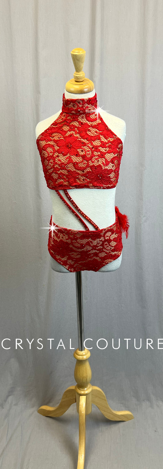 Red Lace Halter Neck Two Piece- Rhinestones