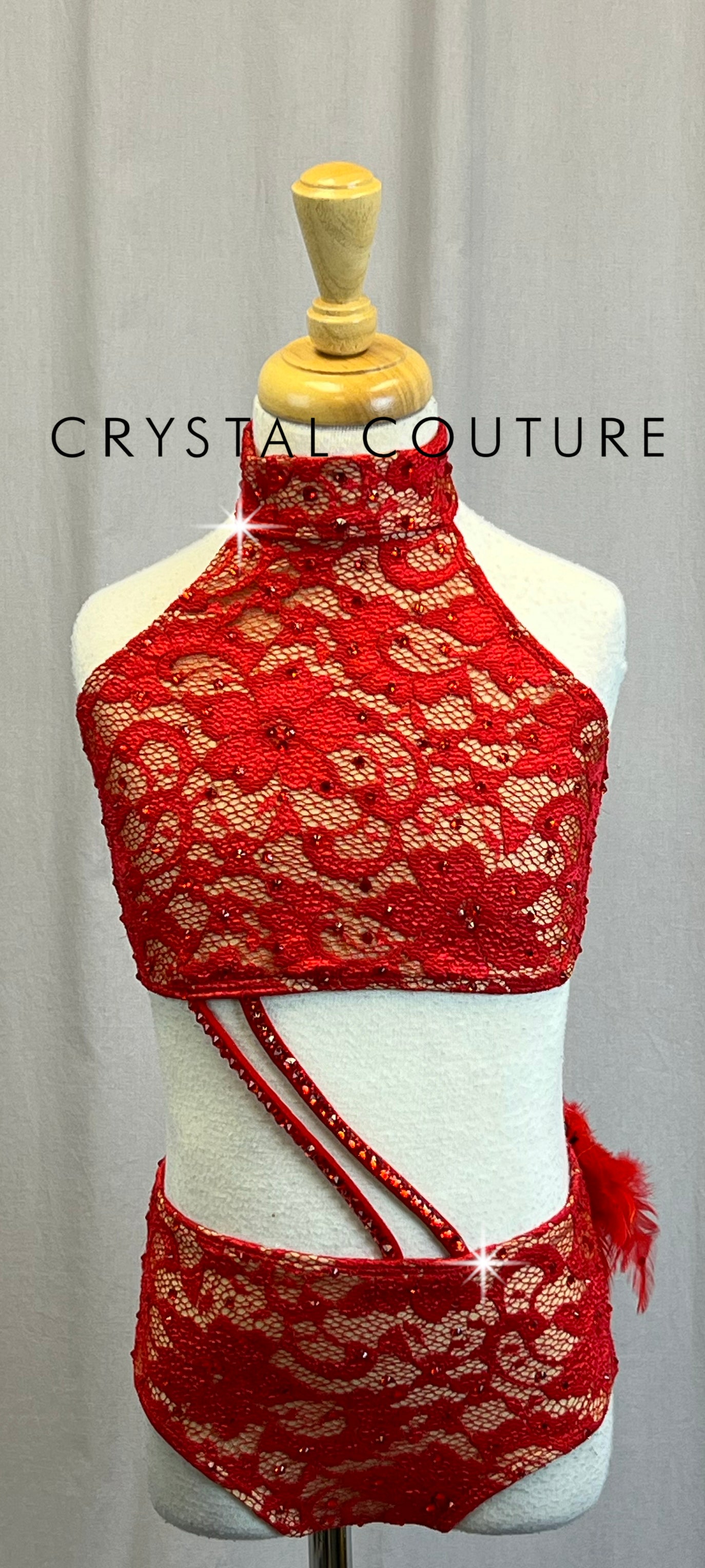 Red Lace Halter Neck Two Piece- Rhinestones